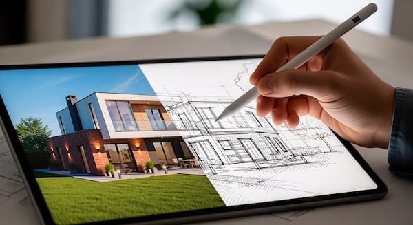 A house design sketched over a render on a tablet