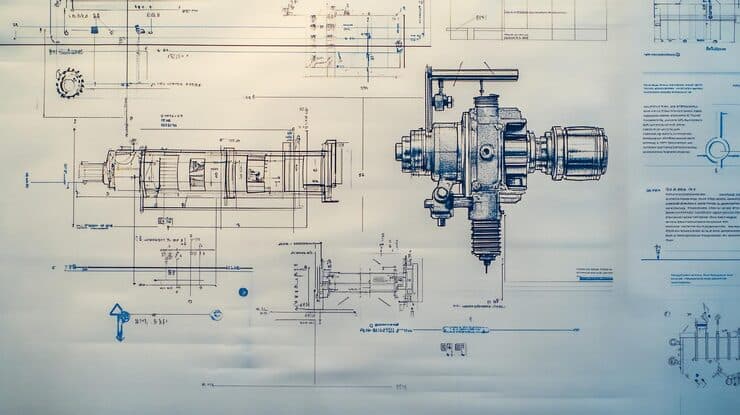 Engineering drawings of a mechanical device