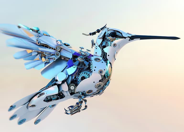 A mechanical hummingbird built from gears and metal plates, in flight.