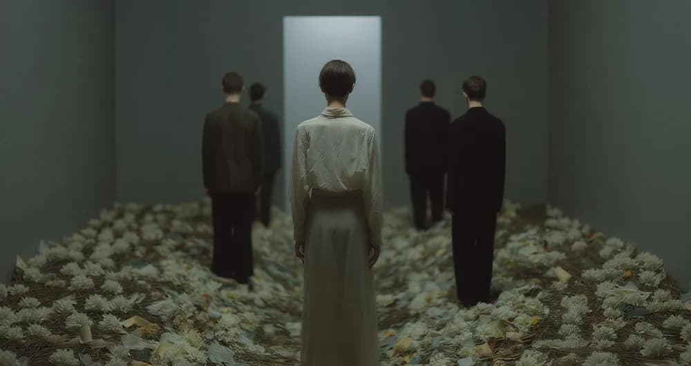 People standing in a dim room whose floor is covered in loose paper, facing a lit doorway.