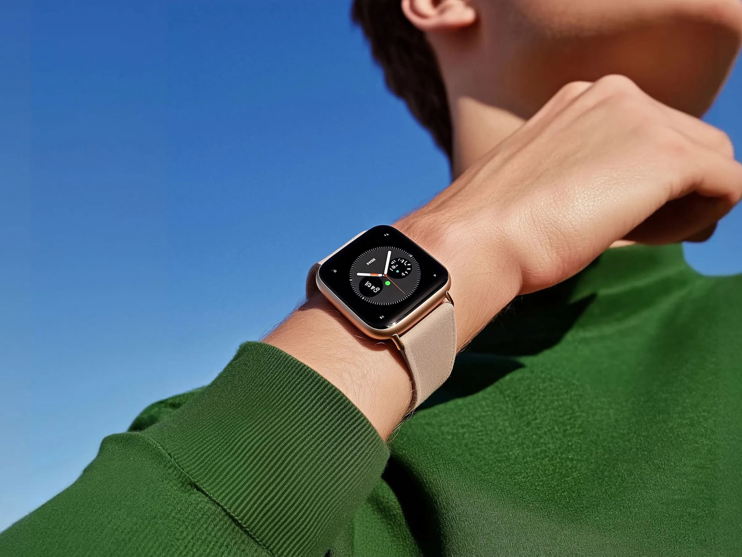 A smartwatch with a rose-gold case on the wrist of someone in a green jumper.