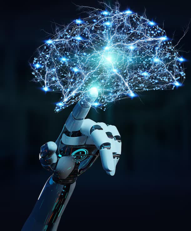 A robotic hand touching a glowing network in the shape of a brain