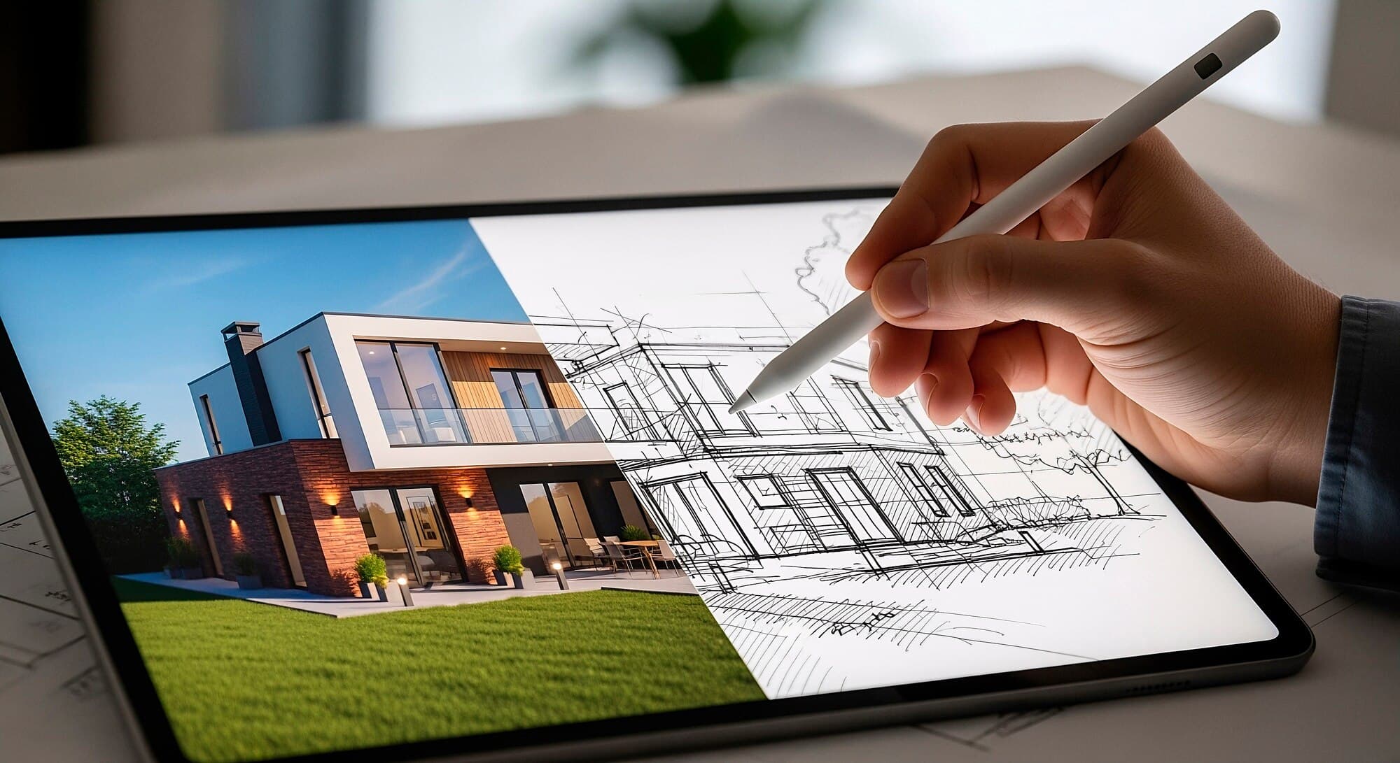 A hand with a stylus sketching a modern two-storey house on a tablet, the line drawing meeting a finished render of the same house.